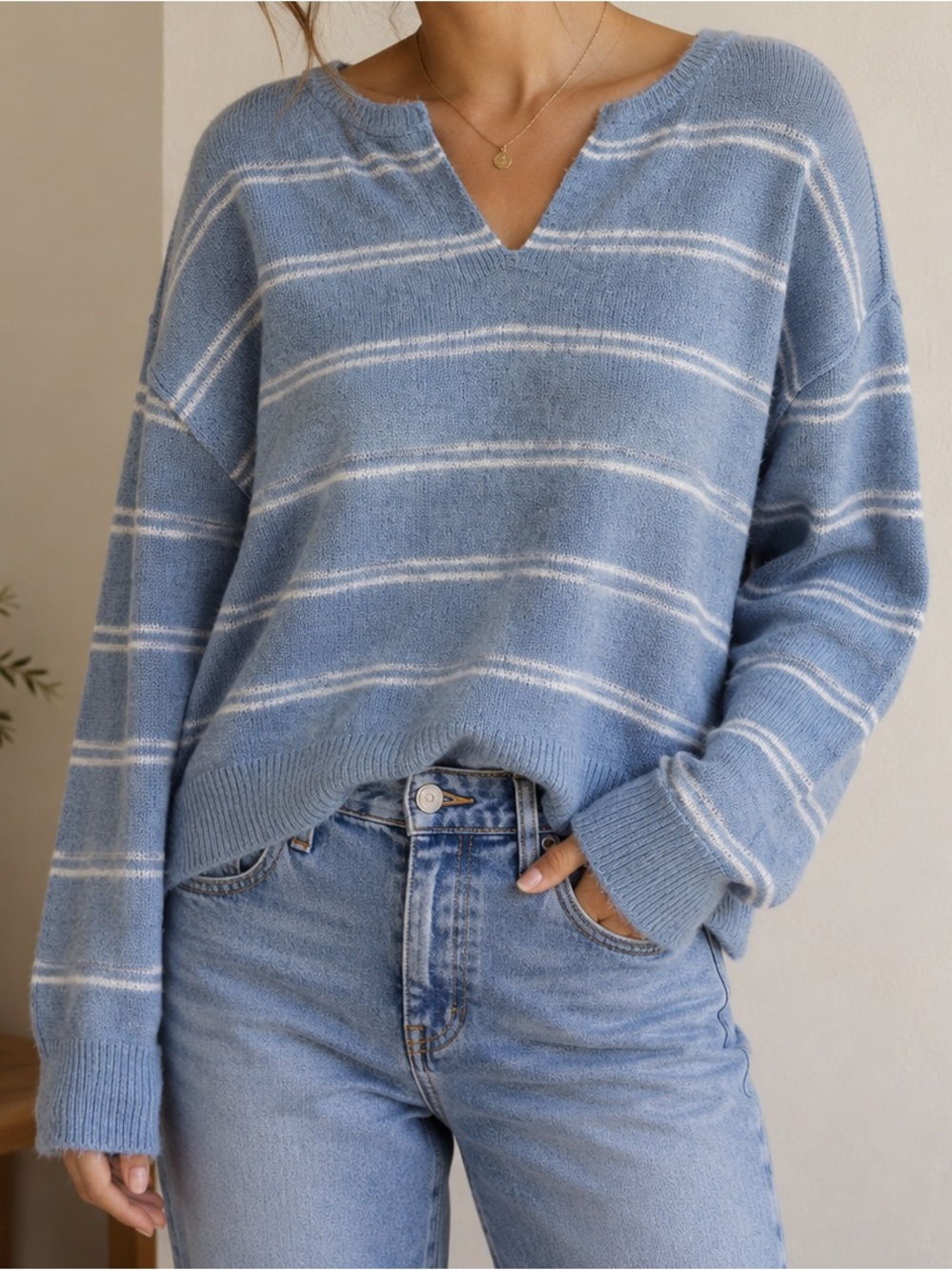 American Eagle Outfitters Blue and White Striped V-Neck Sweater